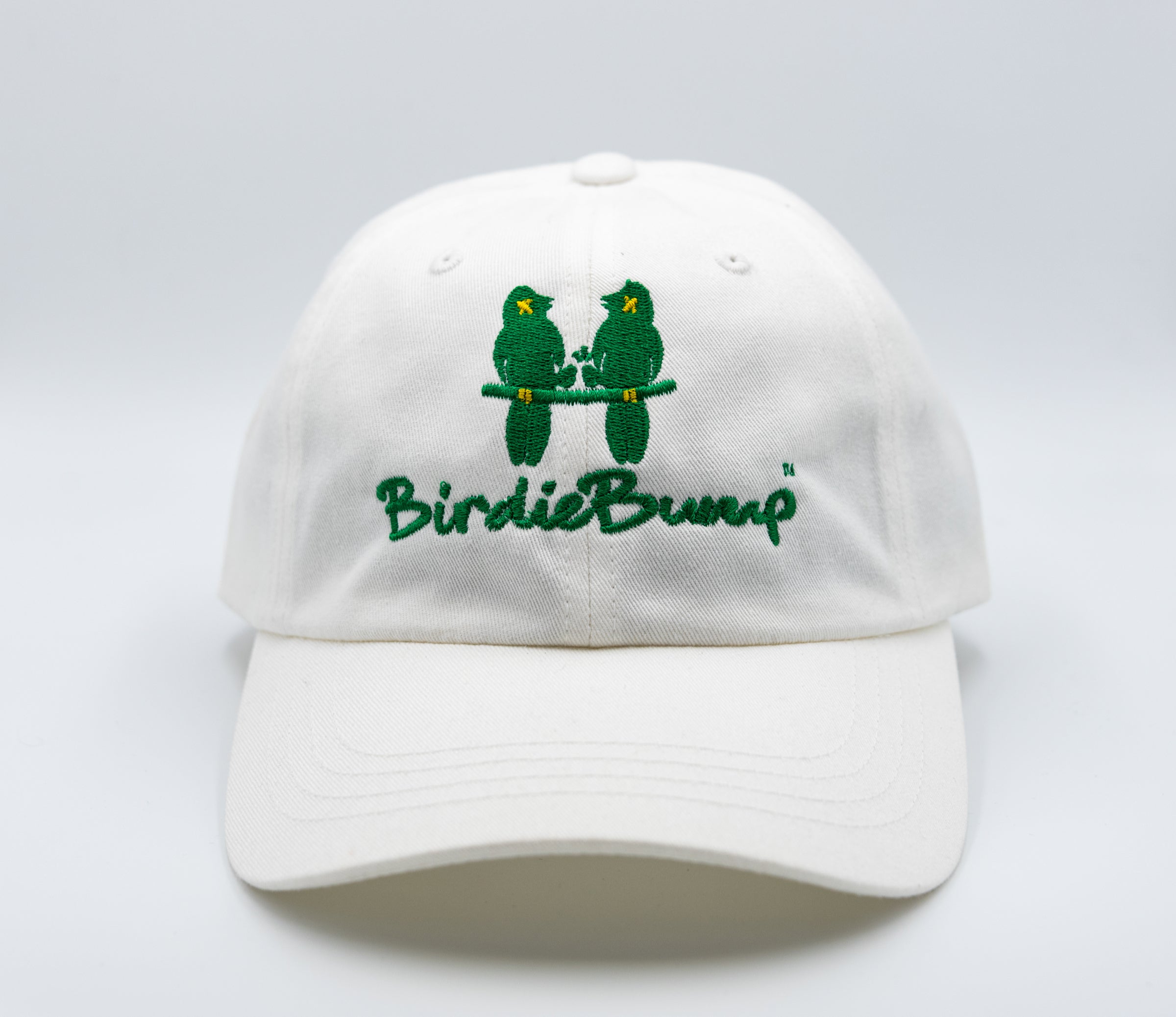 Birdie Bump White on White Dad Hat Master Green Logo